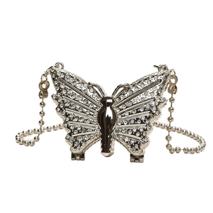 Bolso de noche mariposa plateado con cristales brillantes y cadena de cuentas