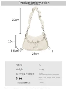 Spécifications de taille de ce sac à main blanc plissé en PU avec chaîne perle coeur