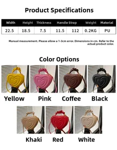 Detailed size chart and multi-color options for the heart-shaped PU leather handbag