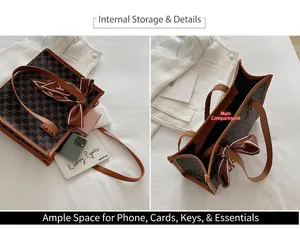 Detail view of large capacity tote bag featuring luxury monogram pattern and scarf handle