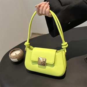 Fluorescent lime green PU leather shoulder bag with metallic buckle and knot detail