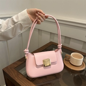 Pink PU leather shoulder bag with gold square buckle and stylish knotted strap detail