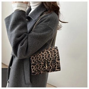 Detail of vintage leopard print square bag with golden twist lock and chain strap