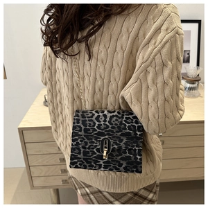 Chic leopard print crossbody bag with gold chain strap shown on model in cozy interior