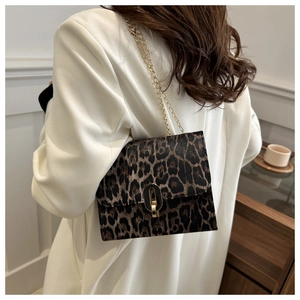 Close-up of leopard print crossbody bag with gold chain strap on a model shoulder