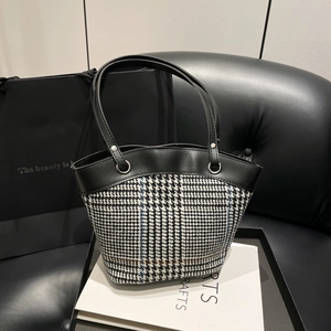 Vintage Houndstooth Plaid Tote Bag PU Leather Patchwork Shoulder Bucket Handbag For Women Commuter Daily