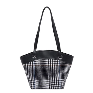 Vintage houndstooth patchwork tote bag with black leather and large capacity