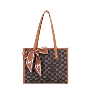 Large capacity tote bag for women featuring brown NK monogram and silk scarf accessory