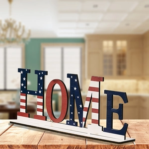 Patriotic USA flag theme HOME wooden letter blocks on base for 4th of July decor