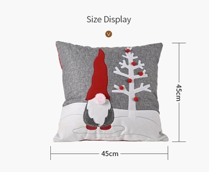 Detail of 45cm square Christmas gnome pillowcase with grey burlap and tree applique