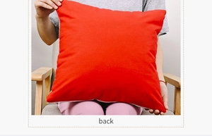 Modern red square cushion cover back view with hidden zipper on wooden armchair