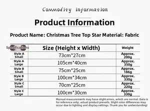 Size chart showing fabric Christmas tree topper star dimensions for small and large models