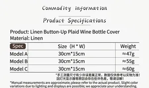 Sizing chart for linen button plaid wine bottle covers with dimensions 30x15cm