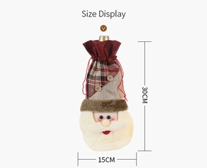 Detailed size display of a 30x15cm Santa plaid burlap wine bottle cover with buttons