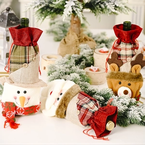Christmas burlap wine bottle covers with Santa, Snowman and Reindeer cartoon patterns