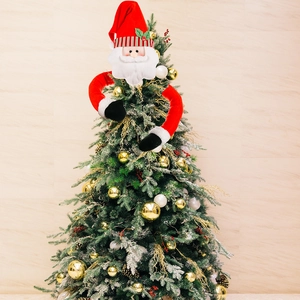 Classic Santa Claus Christmas tree topper with plush red arms wrapping around tree top