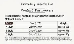Size chart showing 28x12cm dimensions for knitted Christmas cartoon wine bottle covers
