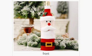 Detailed front view of Santa Claus wine bottle cover with velvet and knitted fabric