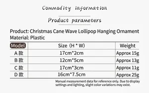 Detailed size chart for red and white Christmas candy cane and lollipop ornaments