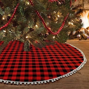 Christmas Tree Skirt Buffalo Plaid Pattern With White Pom-Pom Trim Round Holiday Party Decor Rustic Farmhouse Ornament