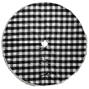 Classic 122cm black and white buffalo check Christmas tree skirt with white pom-pom trim