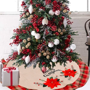 Detail of burlap Christmas tree skirt with Merry Christmas text and red poinsettia flowers