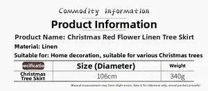 Detailed chart showing 106cm red flower linen Christmas tree skirt size and 340g weight
