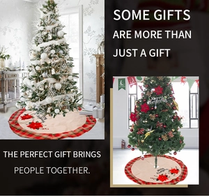 Detail of burlap Christmas tree skirt with red poinsettia and plaid edge trim