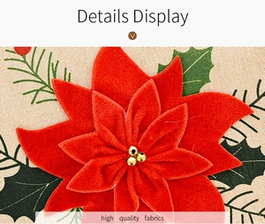 Detail display of 3D velvet poinsettia on high quality beige Christmas fabric