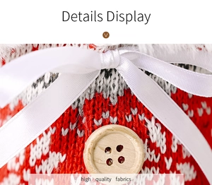 Detail of Christmas wine bottle cover with knit pattern, wood button, and white fur trim