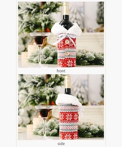 Front and side view of knitted red Christmas wine bottle sweater with buttons and snowflakes