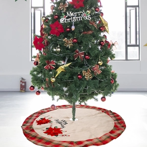 Linen Christmas tree skirt with poinsettia flower and Merry Christmas script