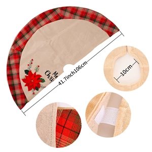 Linen Christmas tree skirt with red flower design and classic plaid trim 106cm