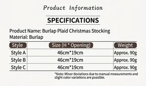 Detailed size chart for burlap Christmas stockings showing 46x19cm dimensions