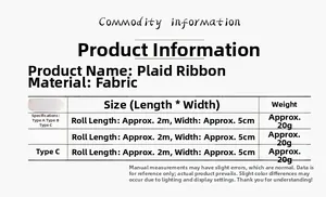 Size chart for 2m red and black plaid Christmas ribbon detailing dimensions and styles