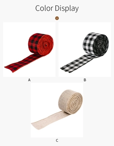 Detailed color display of red, black, and white plaid ribbons with burlap texture