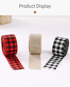 Detailed view of red black buffalo plaid and burlap ribbons for Christmas gift wrapping