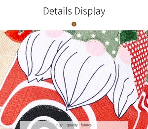 Detail showing high quality fabrics and gnome pattern on the burlap Christmas stocking