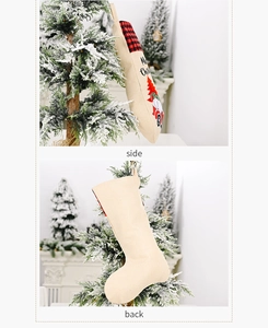 Detailed side and back view of rustic burlap Christmas stocking with festive gnome and truck