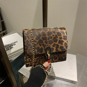 Women Leopard Print Shoulder Bag Vintage PU Leather Small Square Crossbody Bag With Golden Metal Chain And Oval Lock