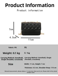 Tabla de tallas para mini bolso de cuero PU acolchado con medidas 11x7x4,5cm y detalles