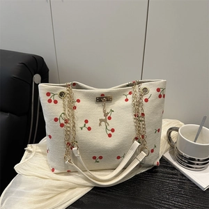 Borsa Tote da Donna in Velluto a Coste con Stampa Ciliegia Tracolla a Catena Ciondolo Cervo Borsa a Spalla Casual Moda