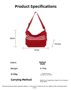 Tableau des tailles détaillé pour cabas rayé en tissu oxford rouge 37x26x14,5cm