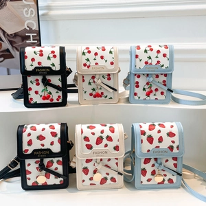 French Vintage Print Mini Crossbody Bag For Women PU Leather Cherry Strawberry Pattern Small Square Phone Bag