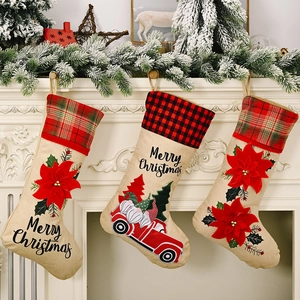 Burlap Christmas Stockings With Poinsettia Flower Gnome Red Truck Plaid Trim Merry Christmas Fireplace Decor Gift Bags