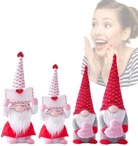 Detail view of 4 festive plush gnomes with heart accents for Valentine's Day decorations