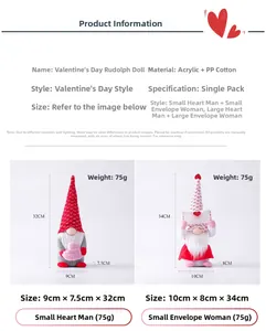 Detail view of Valentine's gnome dolls showing plush acrylic fabric and product dimensions