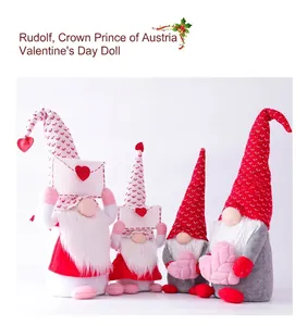 Detail of four Valentine's Day faceless gnomes with heart envelopes and plush hats