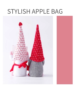 Detail of Nordic gnome gift bags with knitted heart hats for Valentine's holiday decor