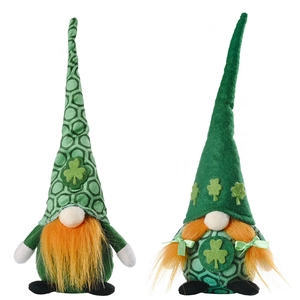 Pair of St. Patrick's Day gnomes with green clover hats and orange beards for decoration